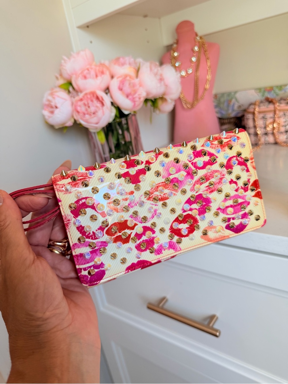 Louboutin Floral Kiss Studded panettone Wristlet - Pink & Gold
